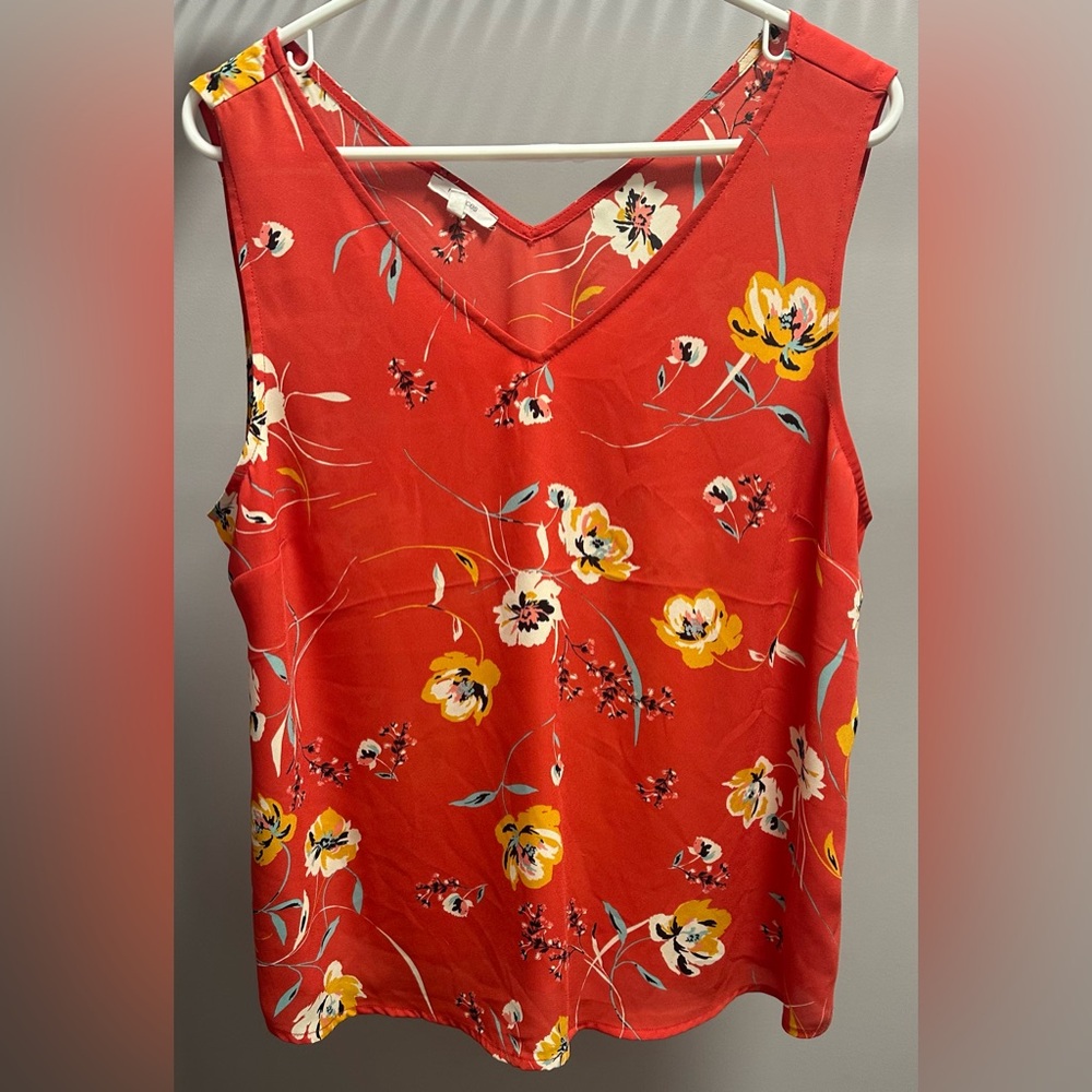 MAURICE’S size XL red, sleeveless, V-neck tank top with floral design.